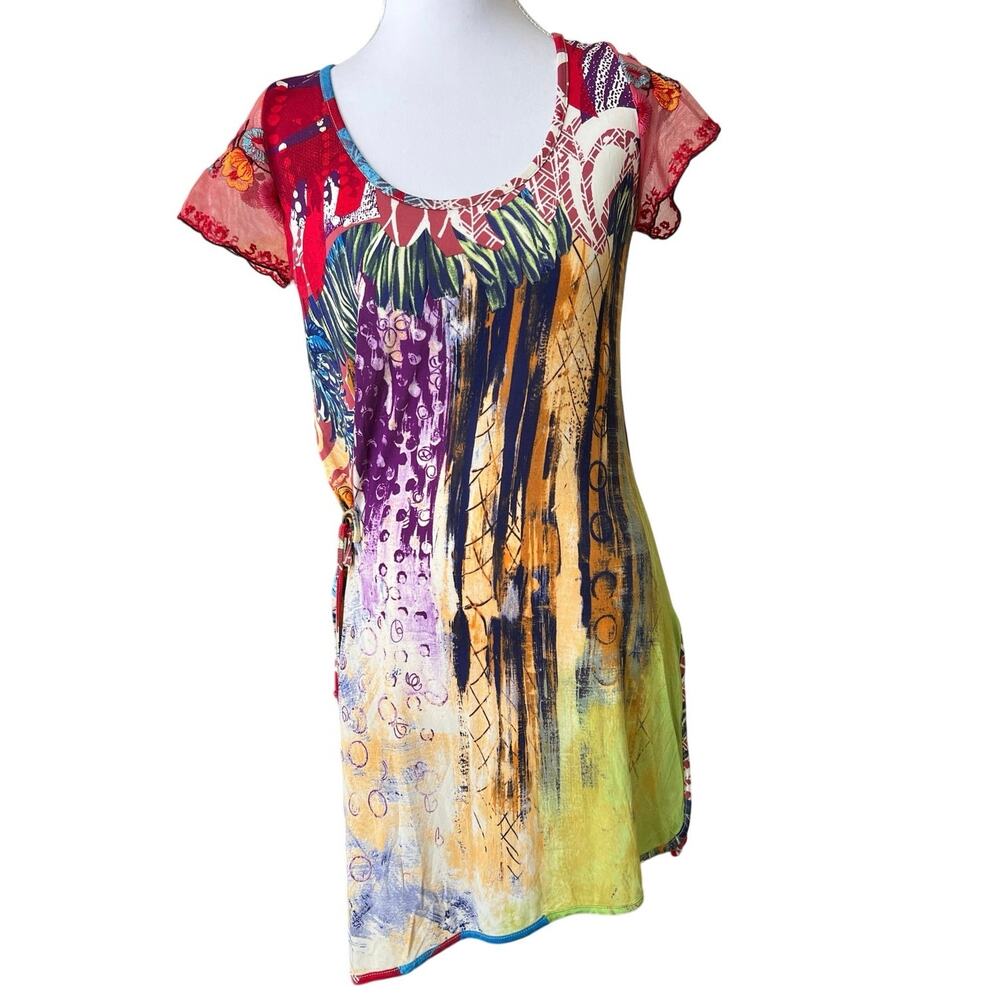 Save The Queen Italy Asymmetrical Art Print Tunic Dress Mesh Sleeves L Viscose
